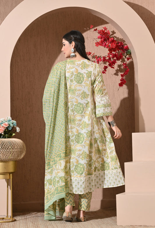 Pistachio Bloom Cotton Anarkali Suit Set