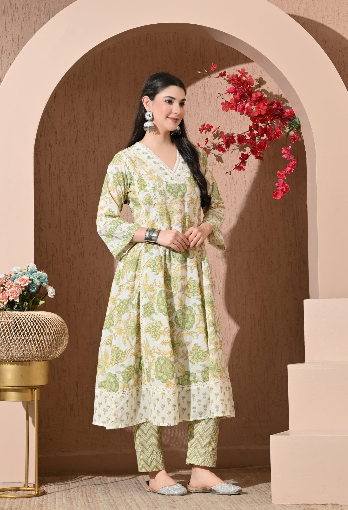 Pistachio Bloom Cotton Anarkali Suit Set