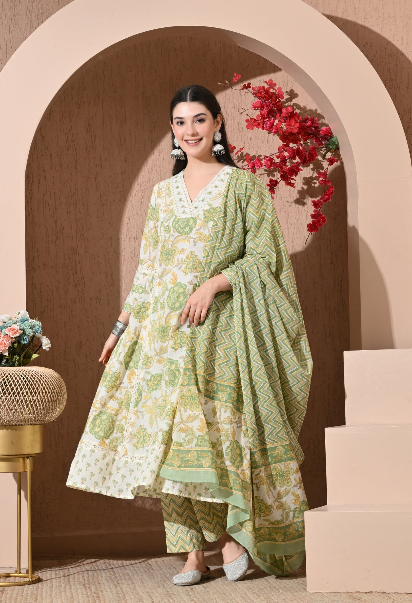 Pistachio Bloom Cotton Anarkali Suit Set