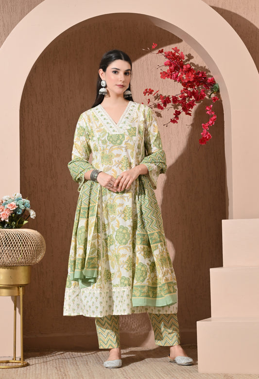 Pistachio Bloom Cotton Anarkali Suit Set