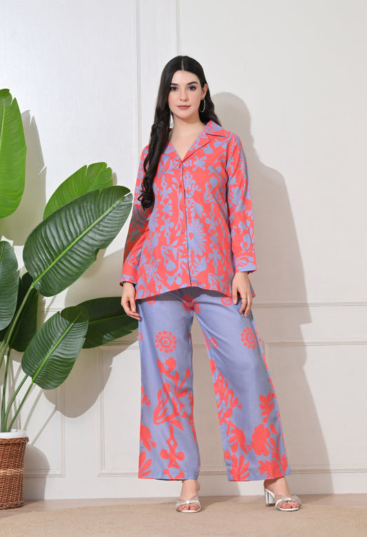 Coral Blossom Linen Co-ord Set