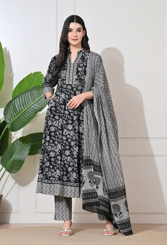 Monochrome Bloom Cotton Anarkali Suit Set