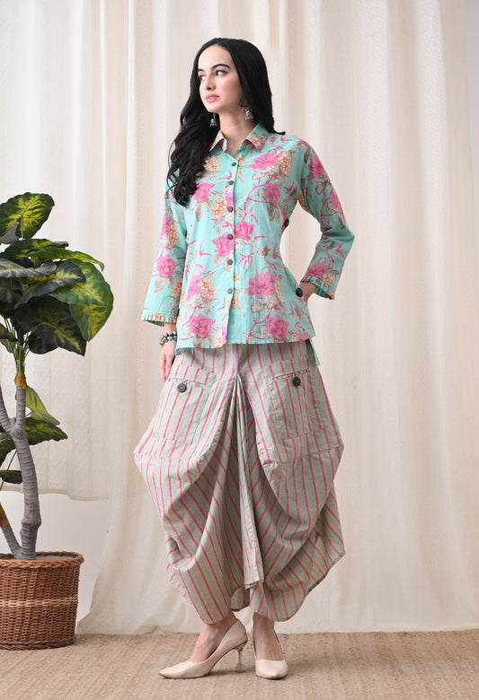 Sea Green Floral Hand-Block Shirt & Striped Utility Dhoti Co-ord Set