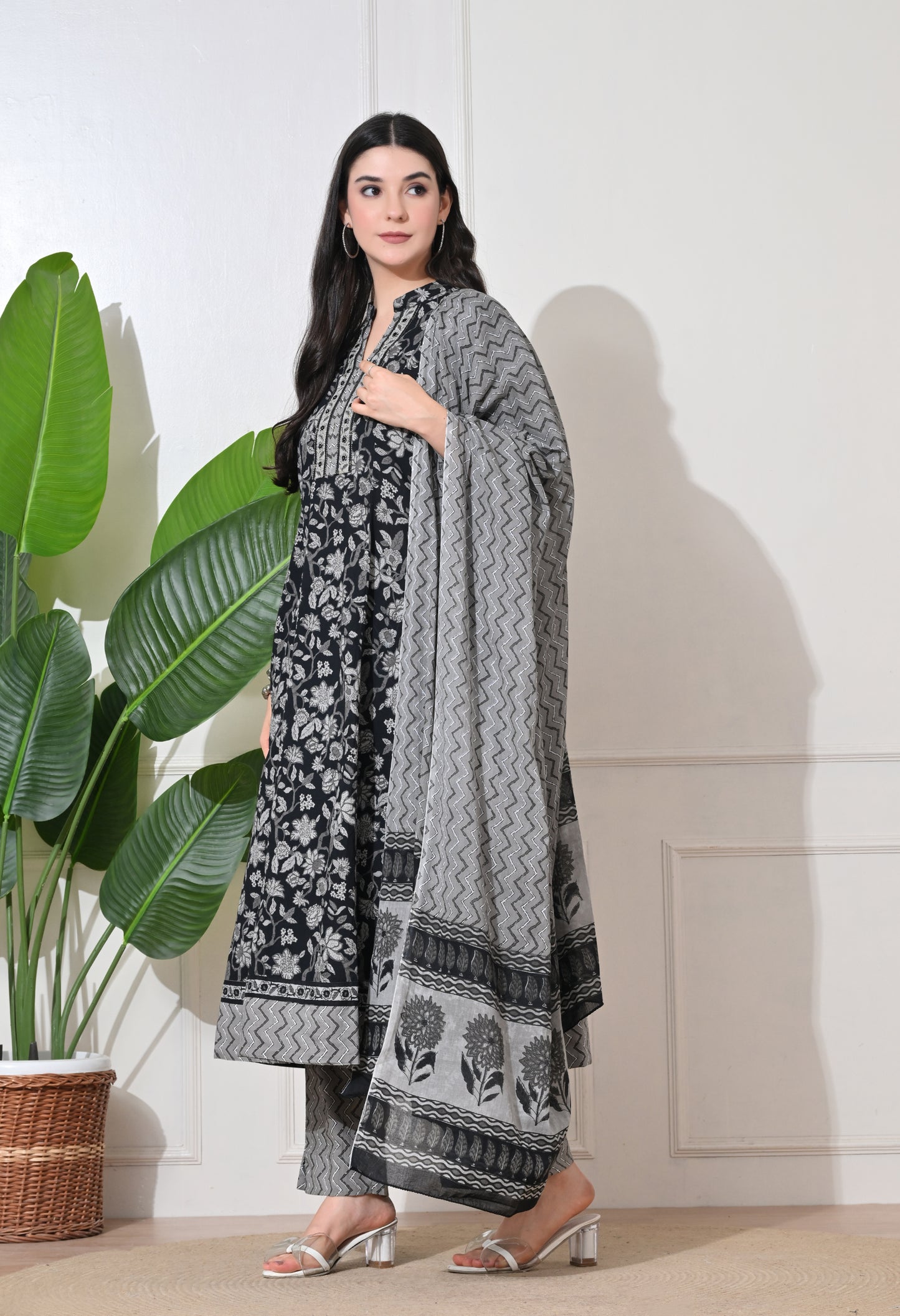 Monochrome Bloom Cotton Anarkali Suit Set