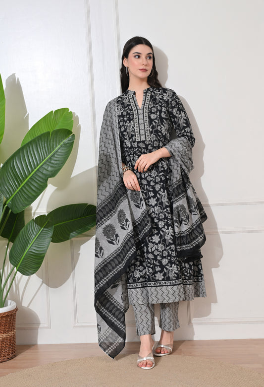 Monochrome Bloom Cotton Anarkali Suit Set