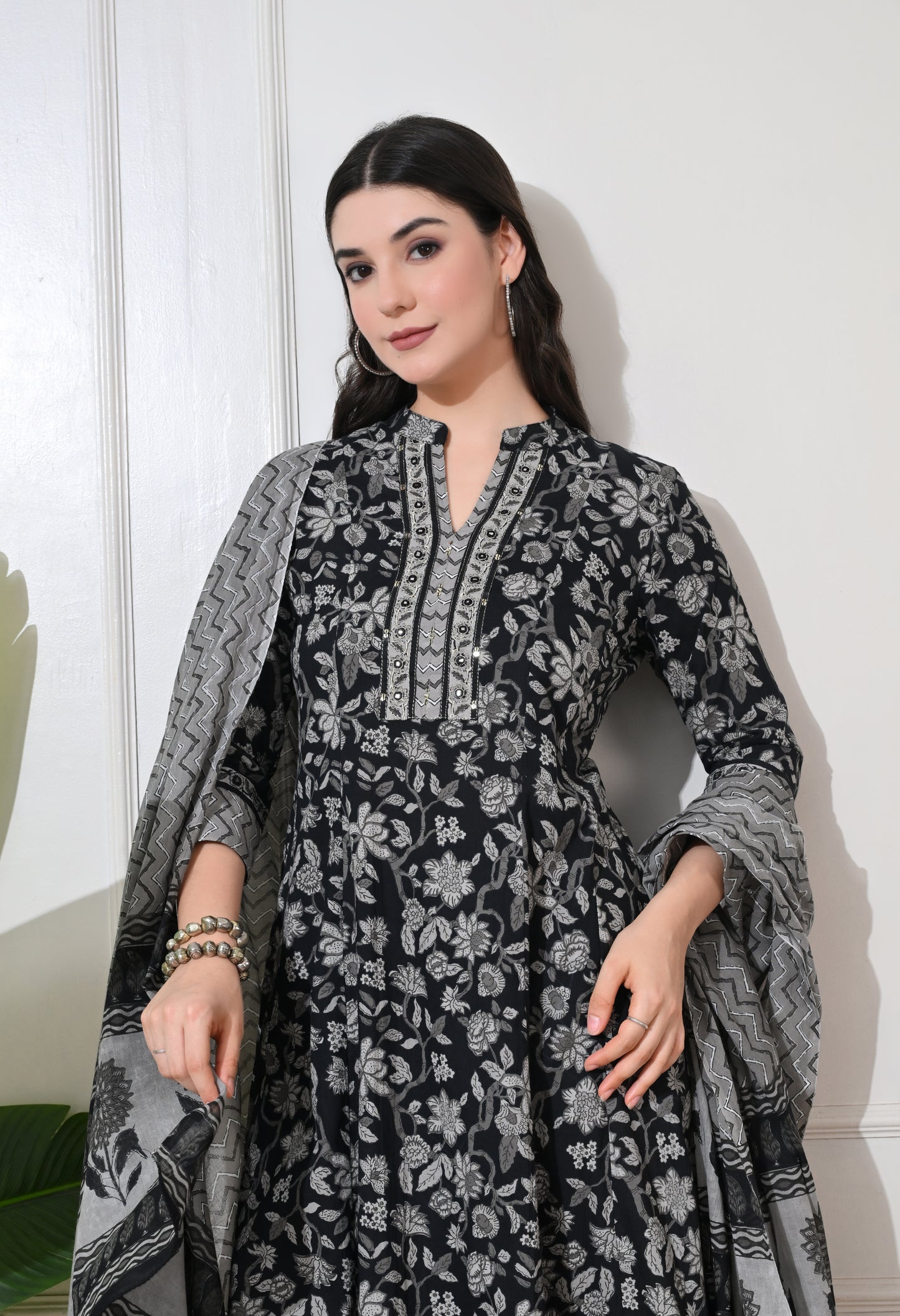 Monochrome Bloom Cotton Anarkali Suit Set