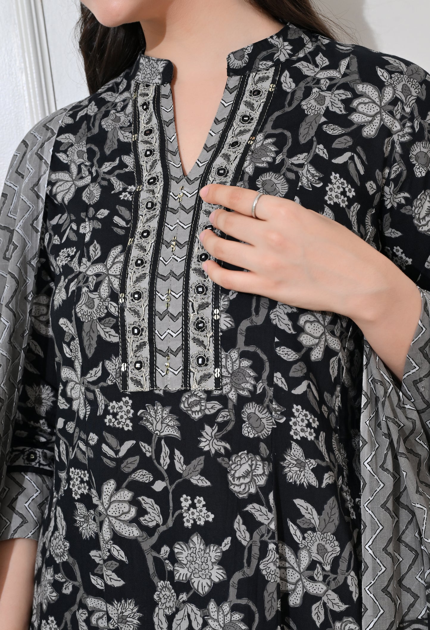 Monochrome Bloom Cotton Anarkali Suit Set