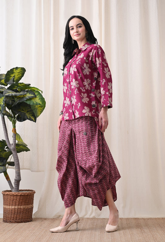 Berry Purple Floral Hand-Block Shirt & Fluid Utility Dhoti Co-ord Set