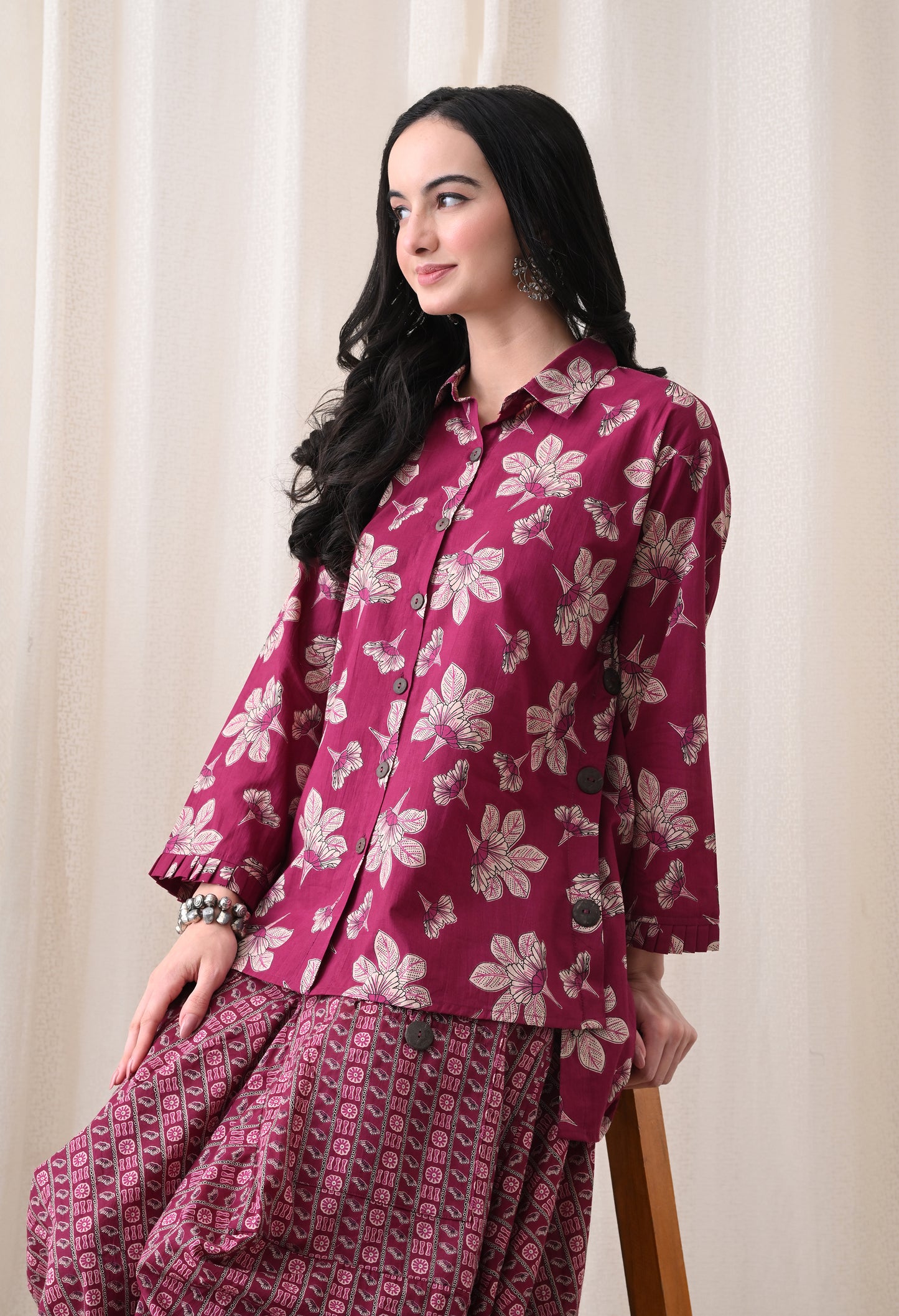 Berry Purple Floral Hand-Block Shirt & Fluid Utility Dhoti Co-ord Set