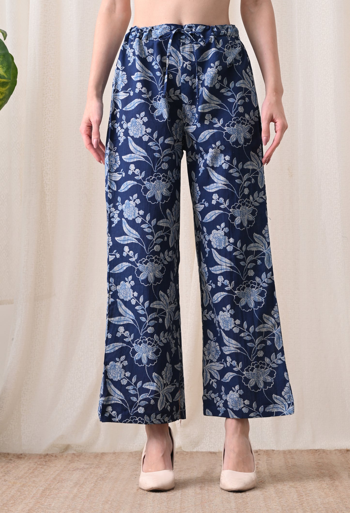 Indigo Blue Floral Hand-Block Print Longline Shirt & Wide-Leg Trouser Set