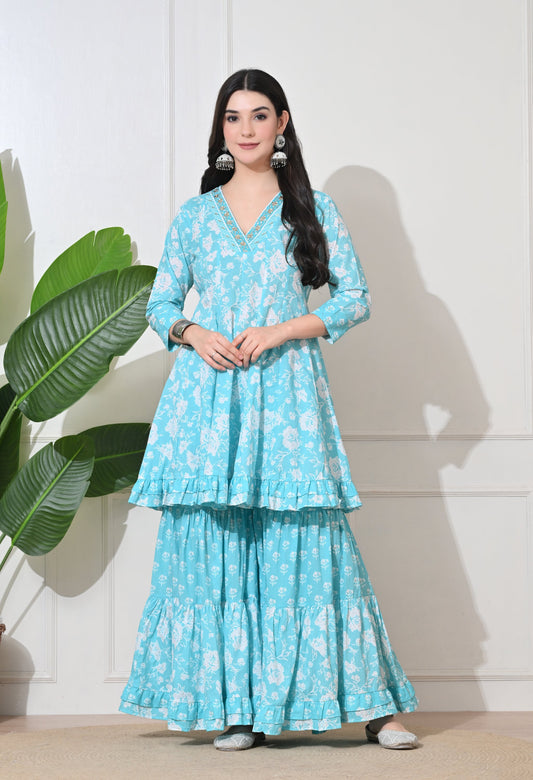Aqua Bloom Cotton Sharara Set