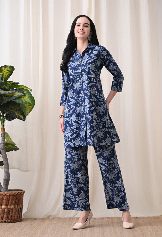 Indigo Blue Floral Hand-Block Print Longline Shirt & Wide-Leg Trouser Set