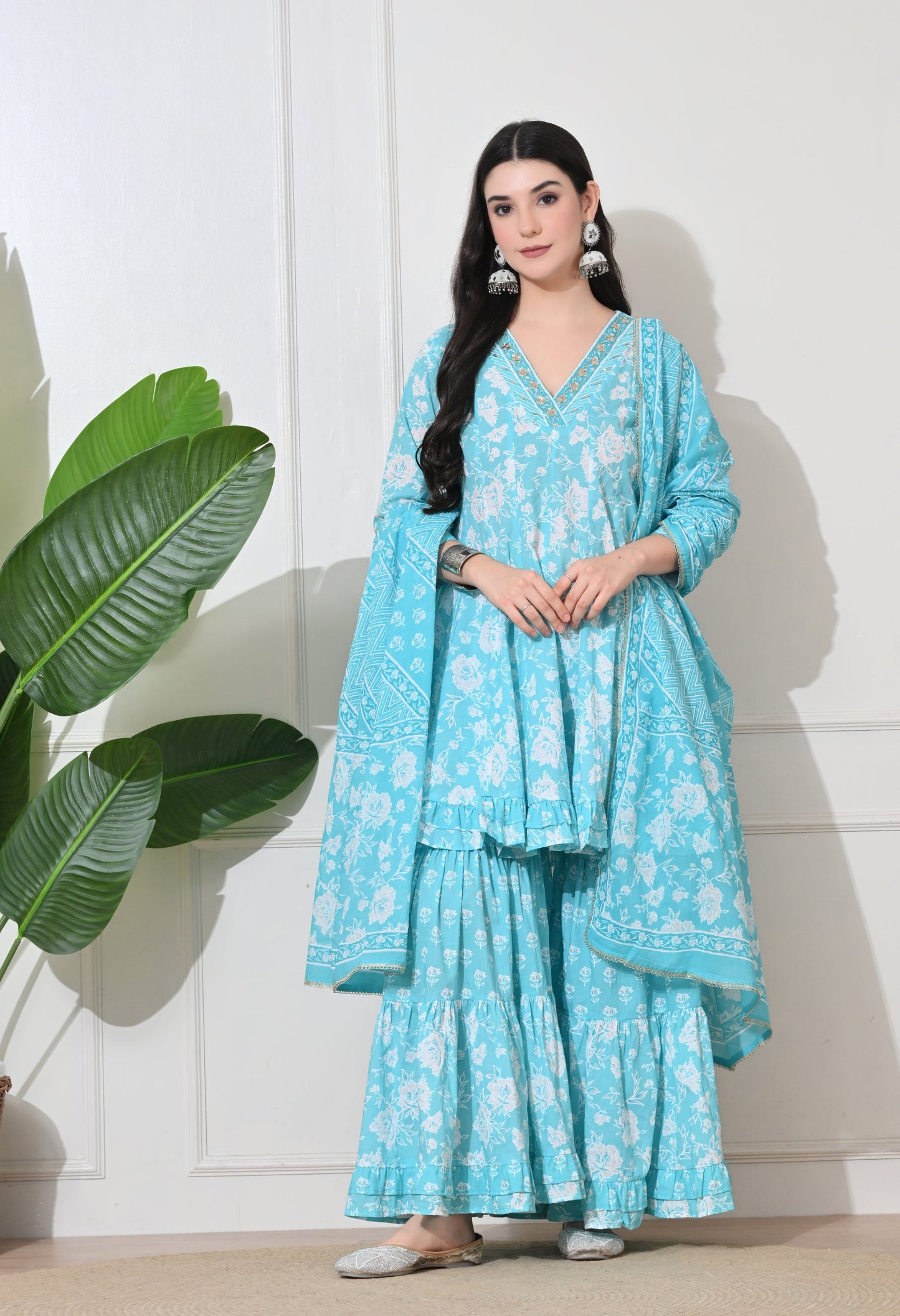 Aqua Bloom Cotton Sharara Set