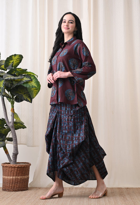 Plum & Indigo Hand-Block Print Shirt & Draped Utility Dhoti Co-ord Set