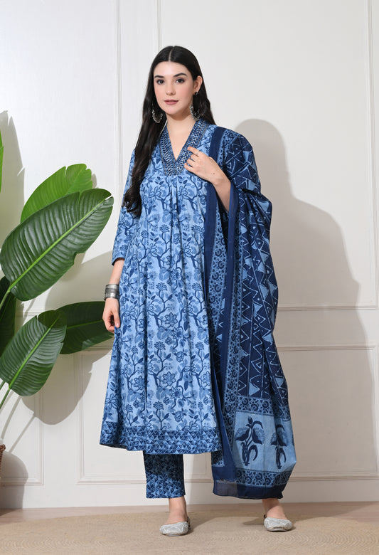 Indigo Dream Cotton Anarkali Suit Set