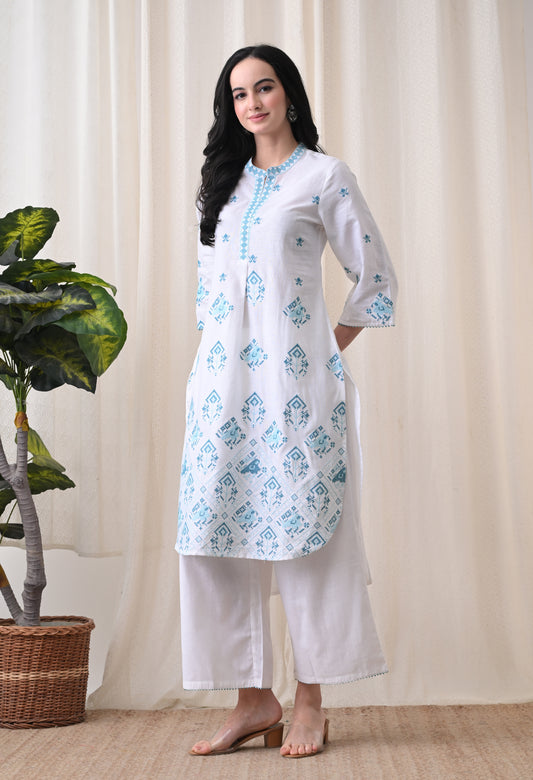 White & Turquoise Hand-Block Cotton Tunic & Wide-Leg Trouser Set