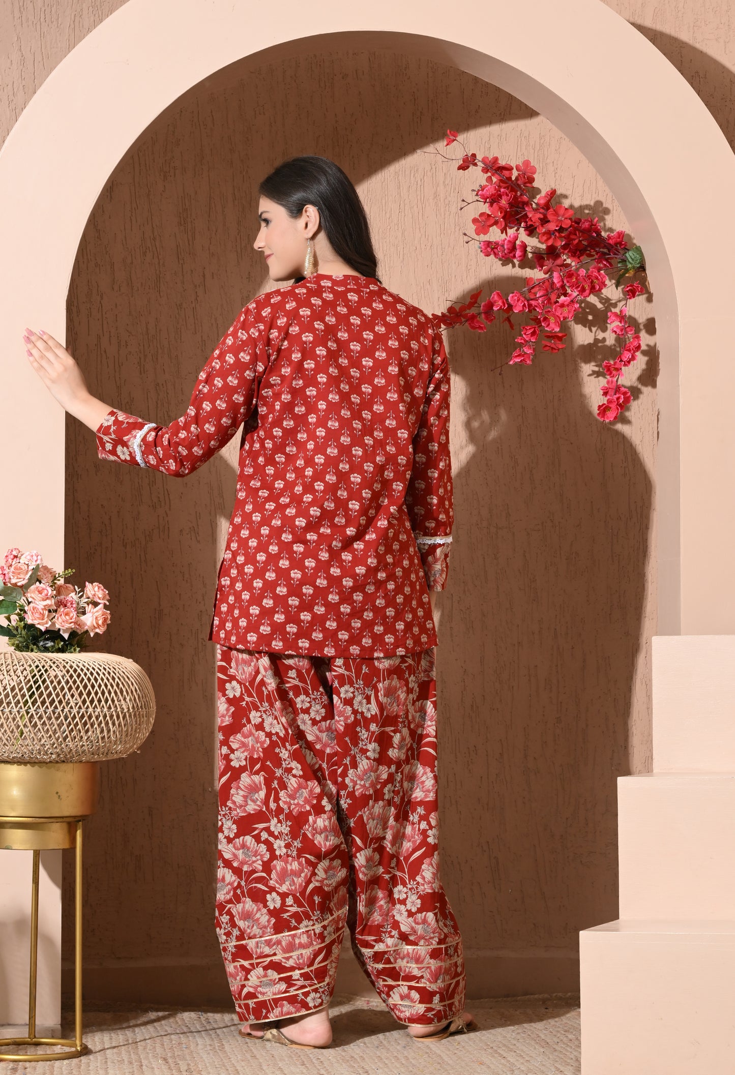 Crimson Bloom Cotton Farshi Set