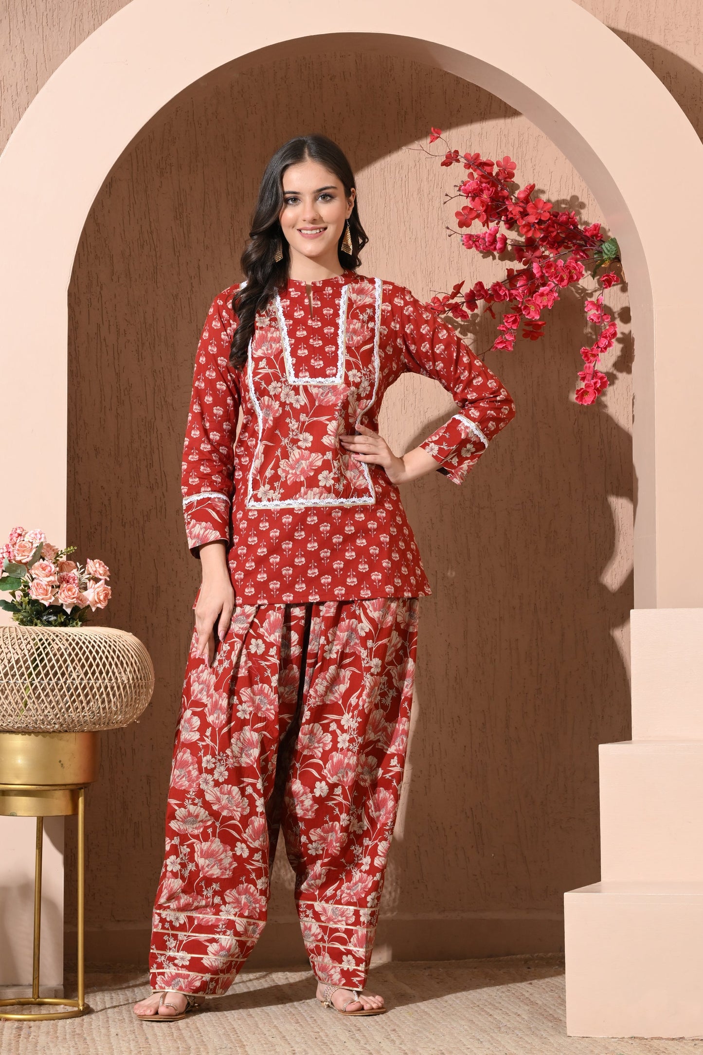 Crimson Bloom Cotton Farshi Set