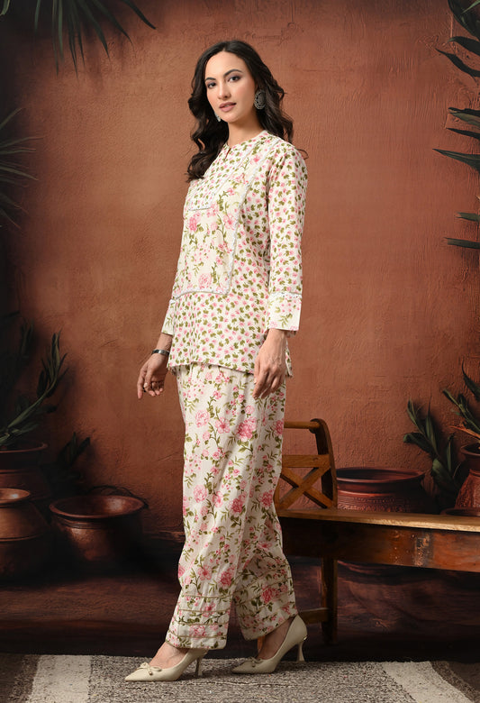 White & Pink Rose Hand-Block Cotton Co-ord Set – Farshi Salwar Ethnic Wear