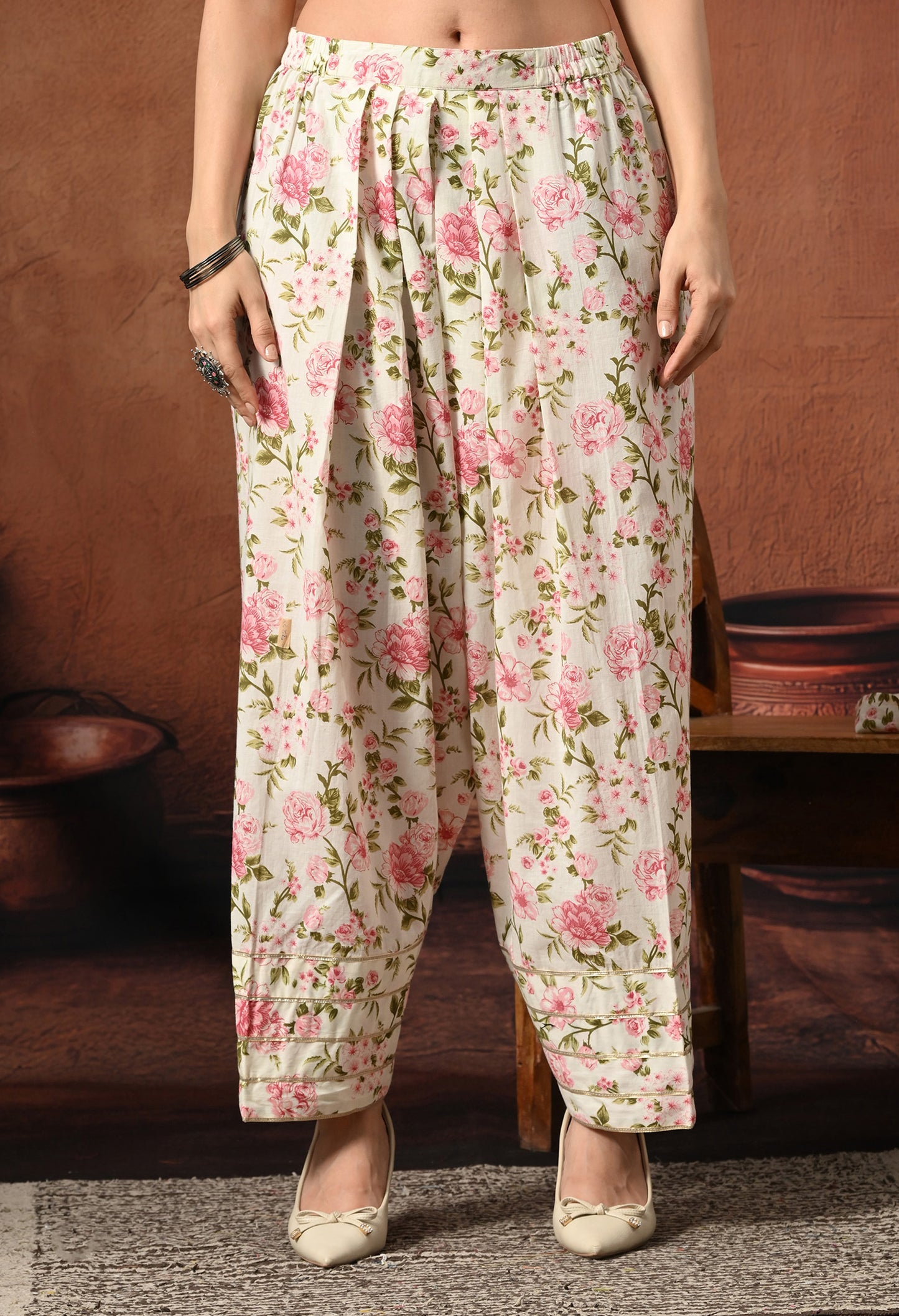 White & Pink Rose Hand-Block Cotton Co-ord Set – Farshi Salwar Ethnic Wear