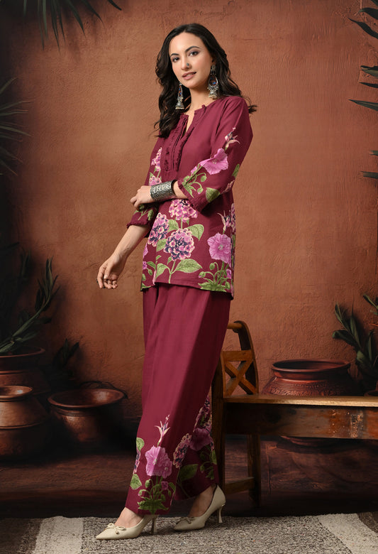 Wine Purple Hydrangea Floral Cotton Co-ord Set – Farshi Salwar Ethnic Wear