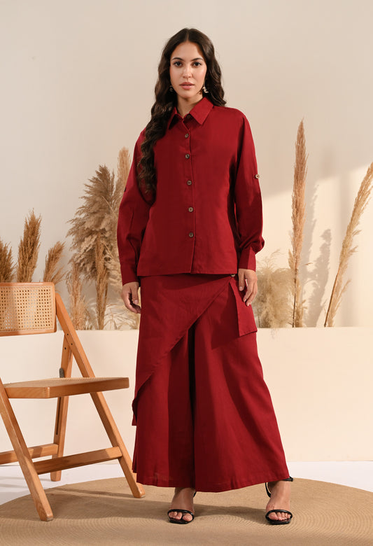 Sana Layered Cotton Shirt Co-ord Set - Maroon