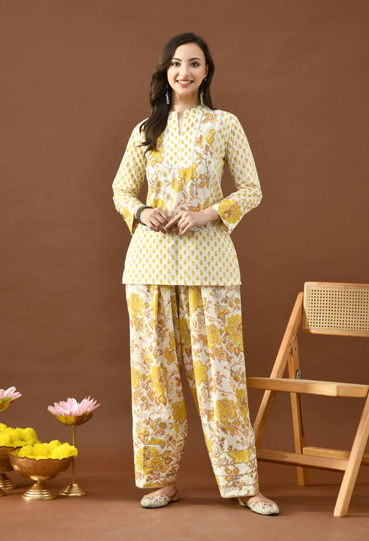 Sunshine Yellow & Ivory Block Print Farshi Salwar Set