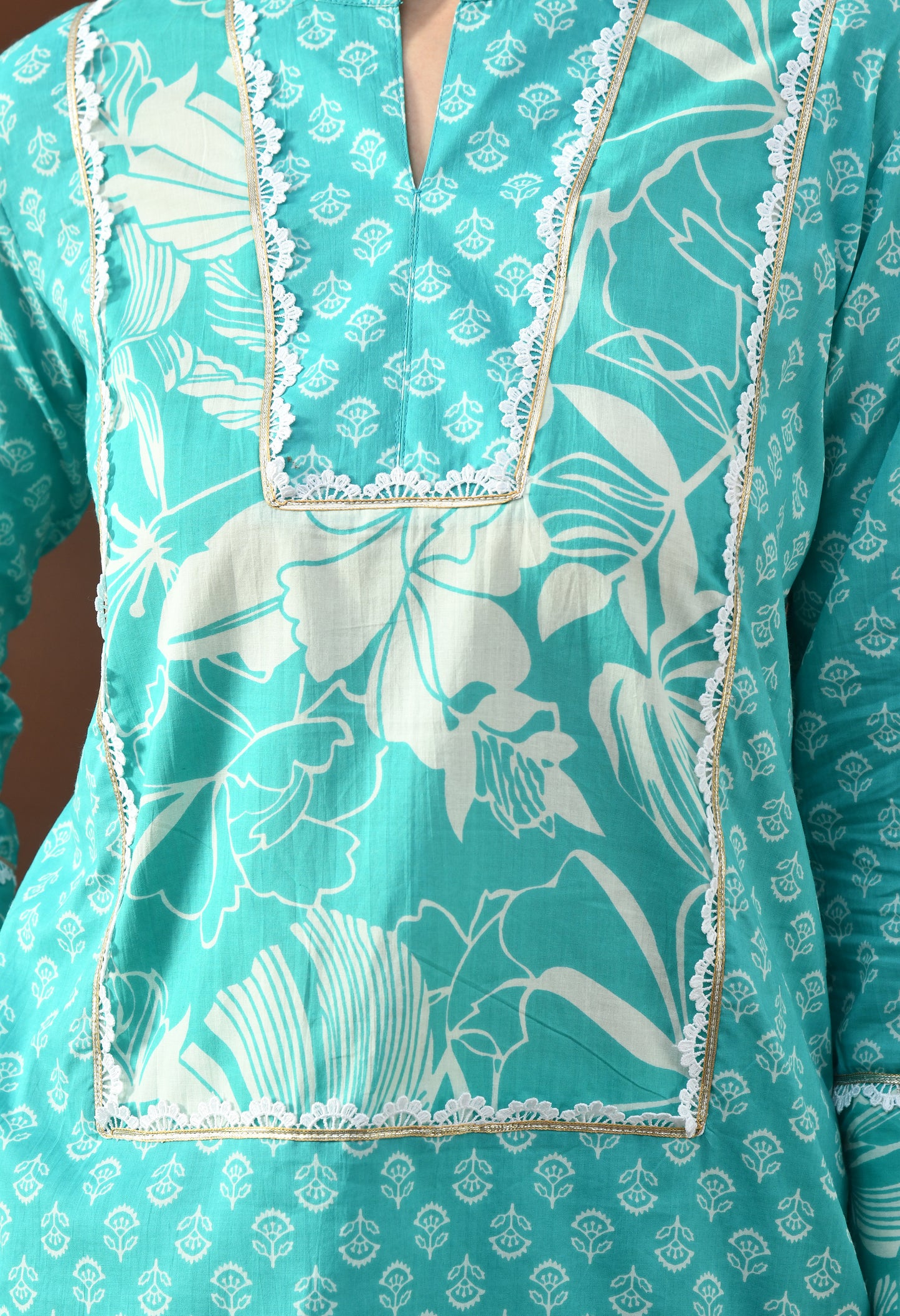 Turquoise & White Bloom Block Print Farshi Salwar Set