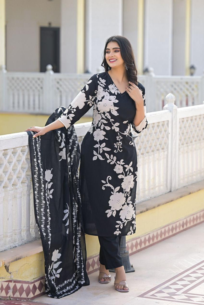 Midnight Bloom Black & White Cotton Suit Set
