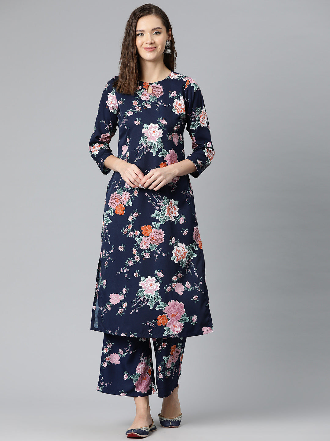 Midnight Blossom Poly Crepe Suit Set