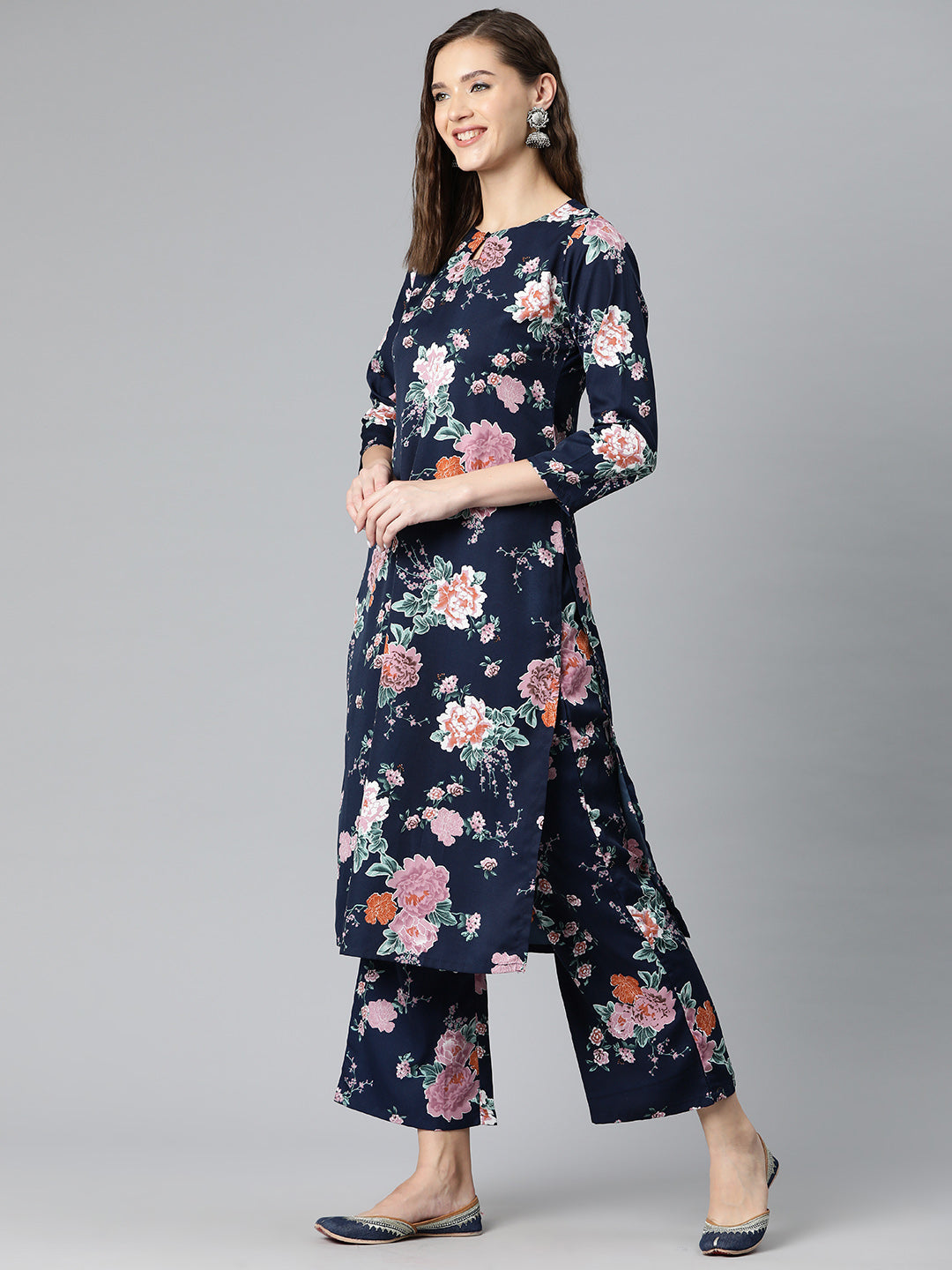 Midnight Blossom Poly Crepe Suit Set