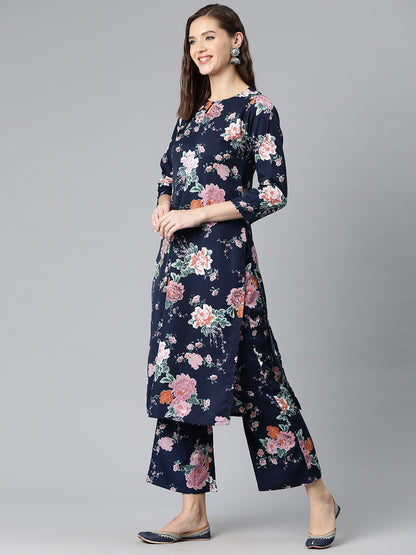 Midnight Blossom Poly Crepe Suit Set
