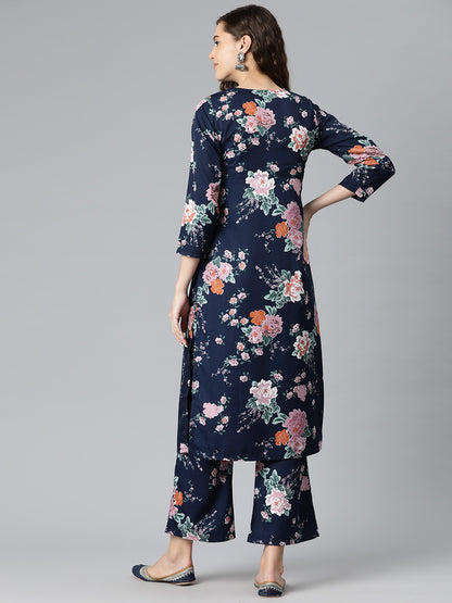 Midnight Blossom Poly Crepe Suit Set