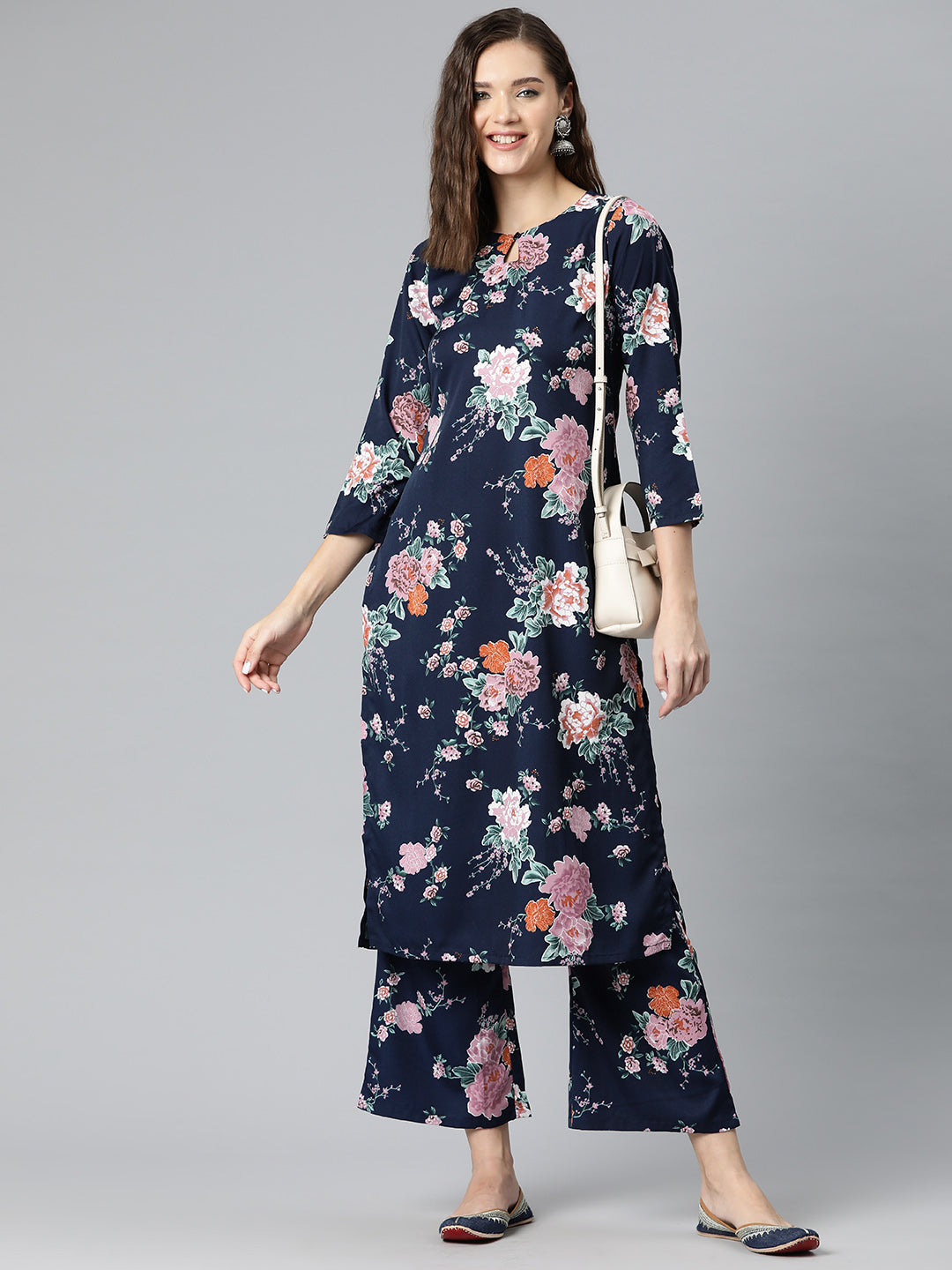 Midnight Blossom Poly Crepe Suit Set