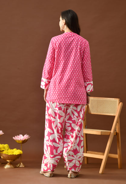 Bold Fuchsia & White Floral Block Print Farshi Salwar Set