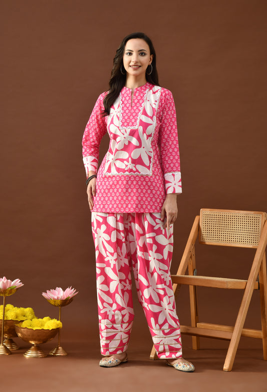 Bold Fuchsia & White Floral Hand Block Print Pure Cotton Farshi Salwar Suit Set for Women