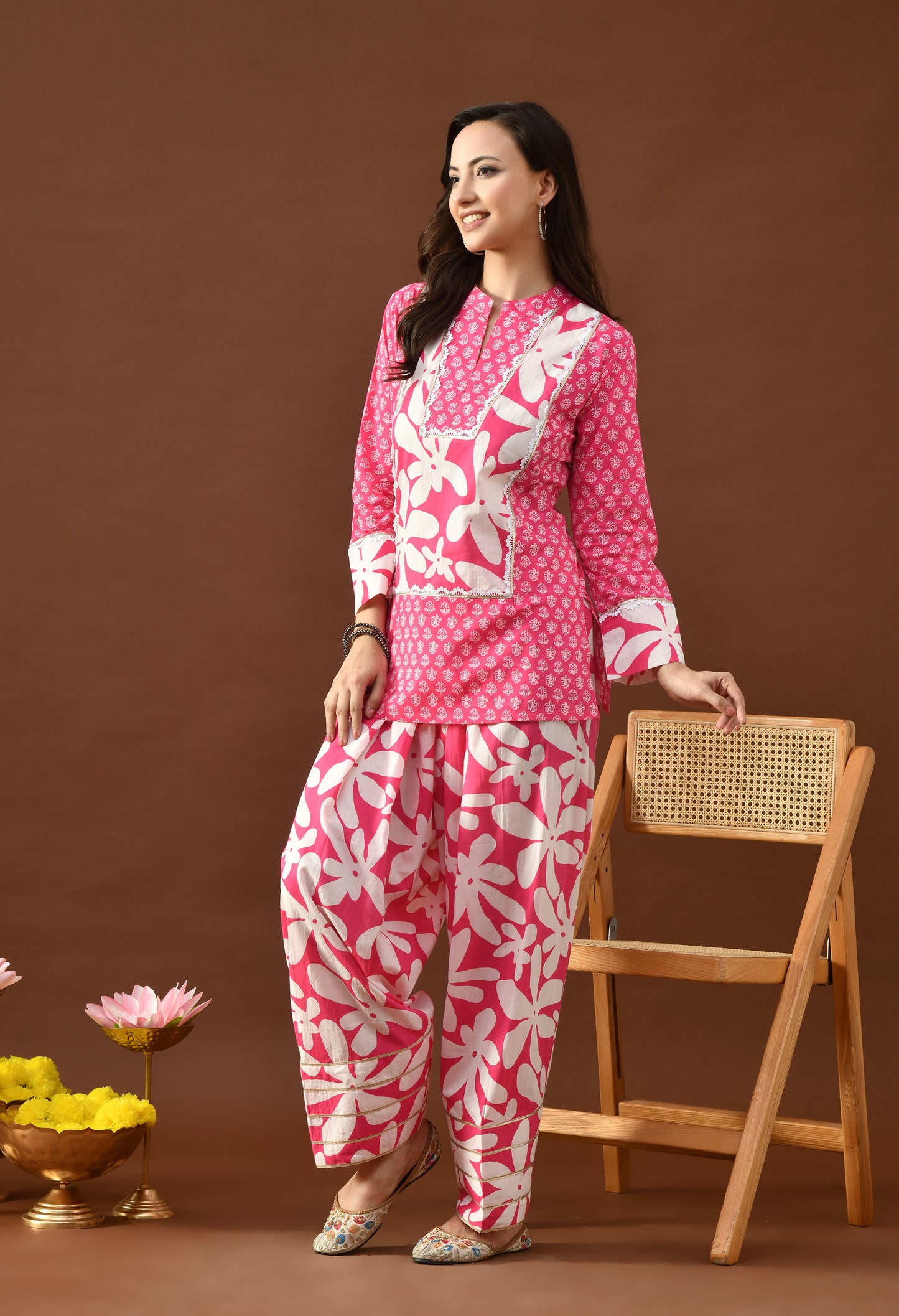 Bold Fuchsia & White Floral Block Print Farshi Salwar Set