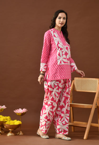 Bold Fuchsia & White Floral Block Print Farshi Salwar Set