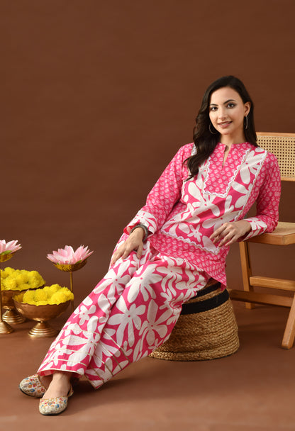 Bold Fuchsia & White Floral Block Print Farshi Salwar Set