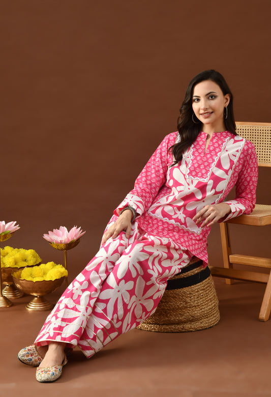 Bold Fuchsia & White Floral Hand Block Print Pure Cotton Farshi Salwar Suit Set for Women