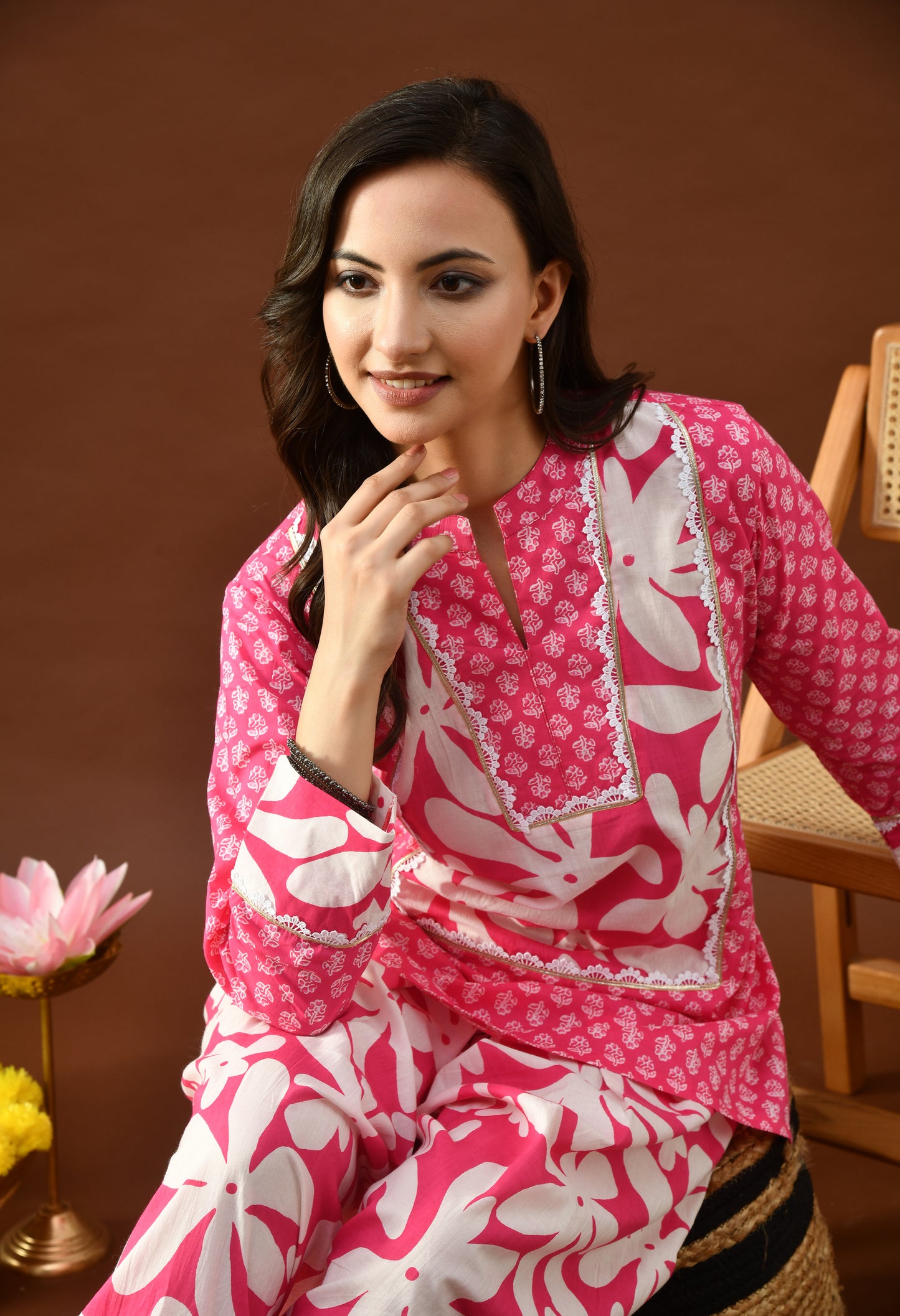Bold Fuchsia & White Floral Block Print Farshi Salwar Set