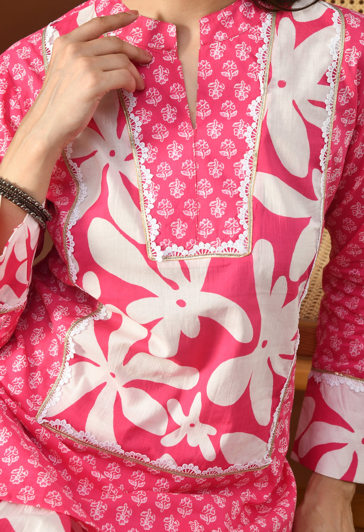 Bold Fuchsia & White Floral Block Print Farshi Salwar Set