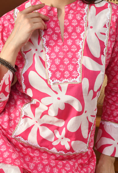 Bold Fuchsia & White Floral Block Print Farshi Salwar Set
