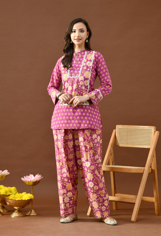 Royal Magenta & Gold Floral Block Print Farshi Salwar Set