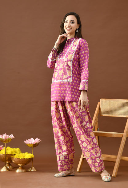 Royal Magenta & Gold Floral Block Print Farshi Salwar Set