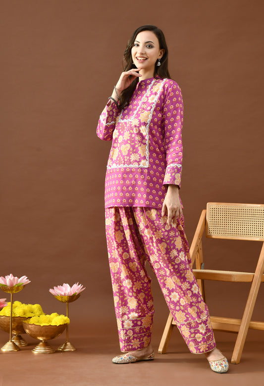 Royal Magenta & Gold Floral Block Print Farshi Salwar Set