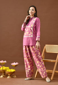 Royal Magenta & Gold Floral Block Print Farshi Salwar Set