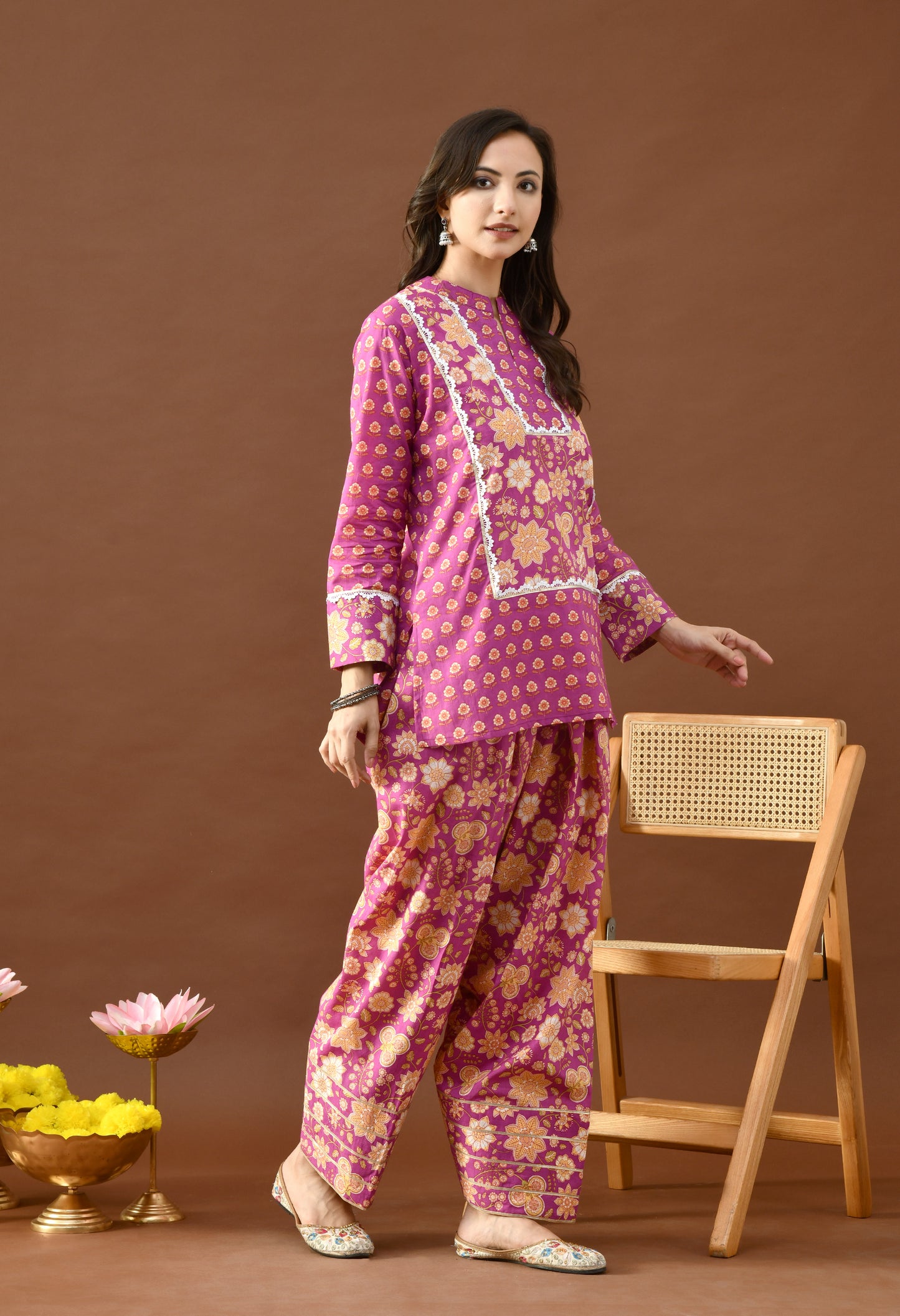 Royal Magenta & Gold Floral Block Print Farshi Salwar Set