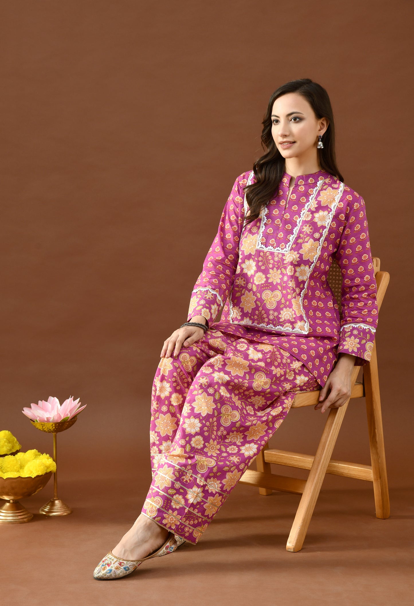 Royal Magenta & Gold Floral Block Print Farshi Salwar Set