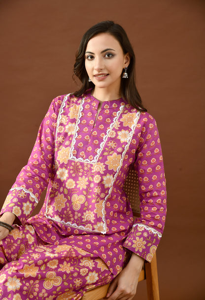 Royal Magenta & Gold Floral Block Print Farshi Salwar Set